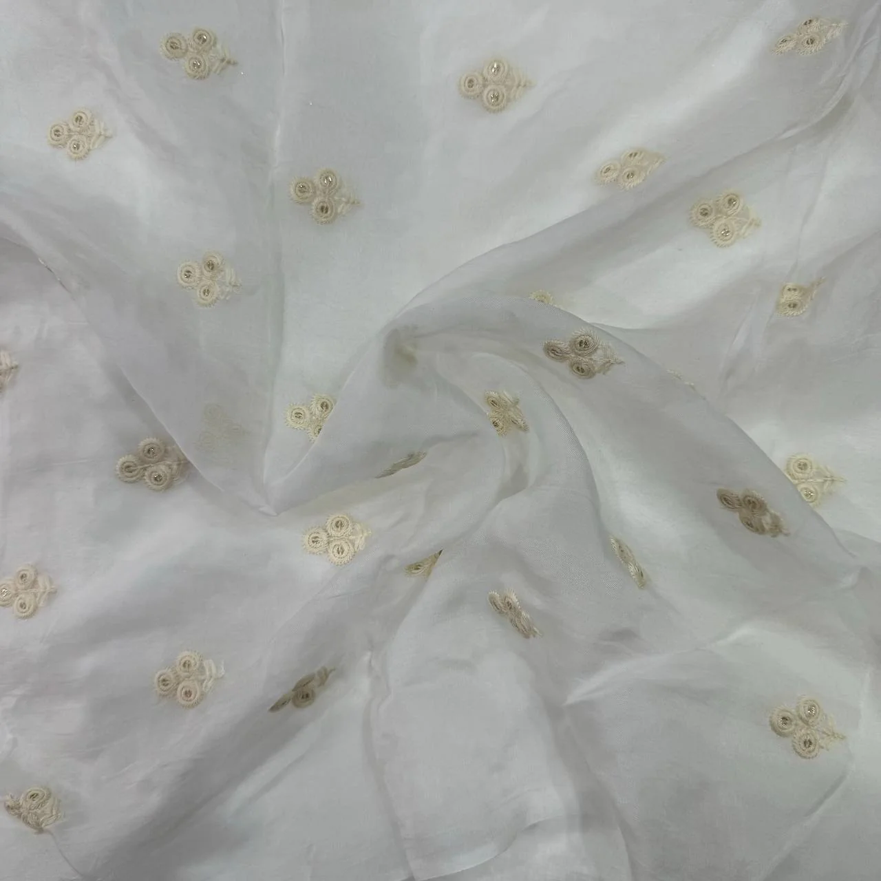 White Dyeable Flower Butti Thread Embroidered Viscose Organza Fabric