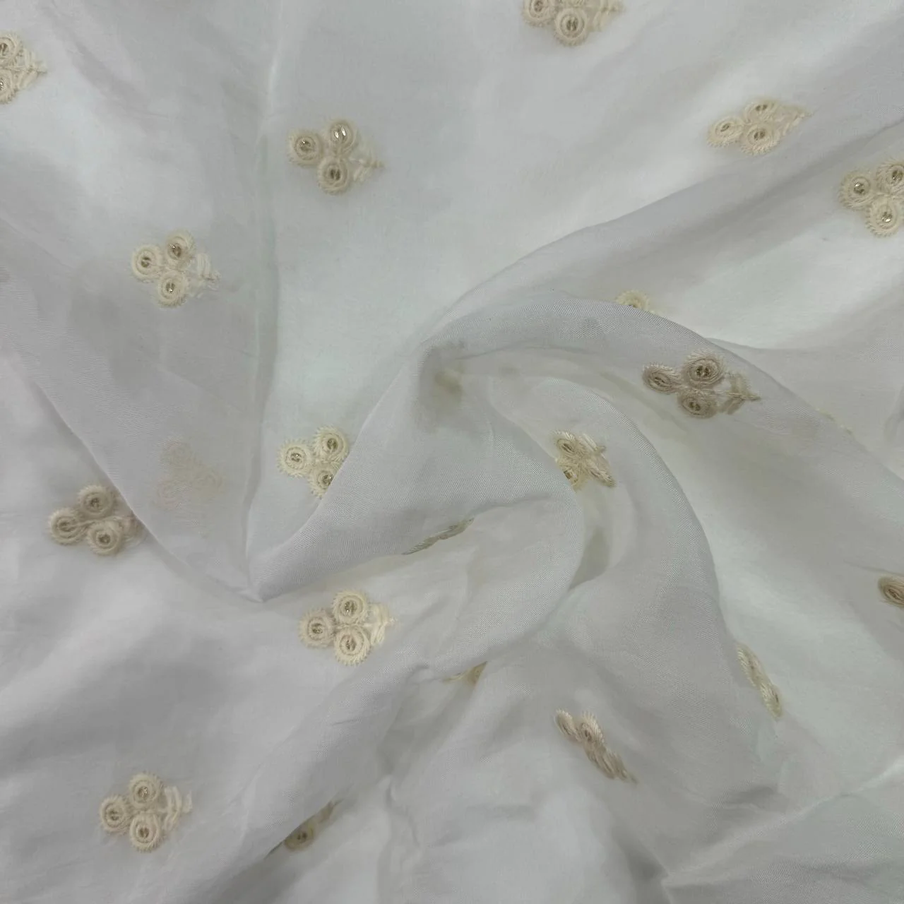 White Dyeable Flower Butti Thread Embroidered Viscose Organza Fabric