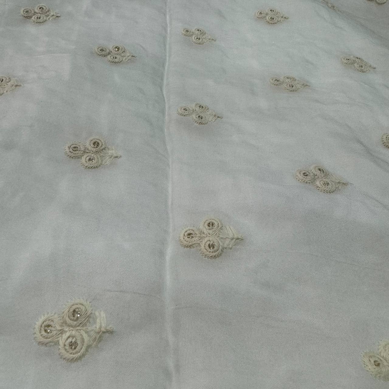 White Dyeable Flower Butti Thread Embroidered Viscose Organza Fabric