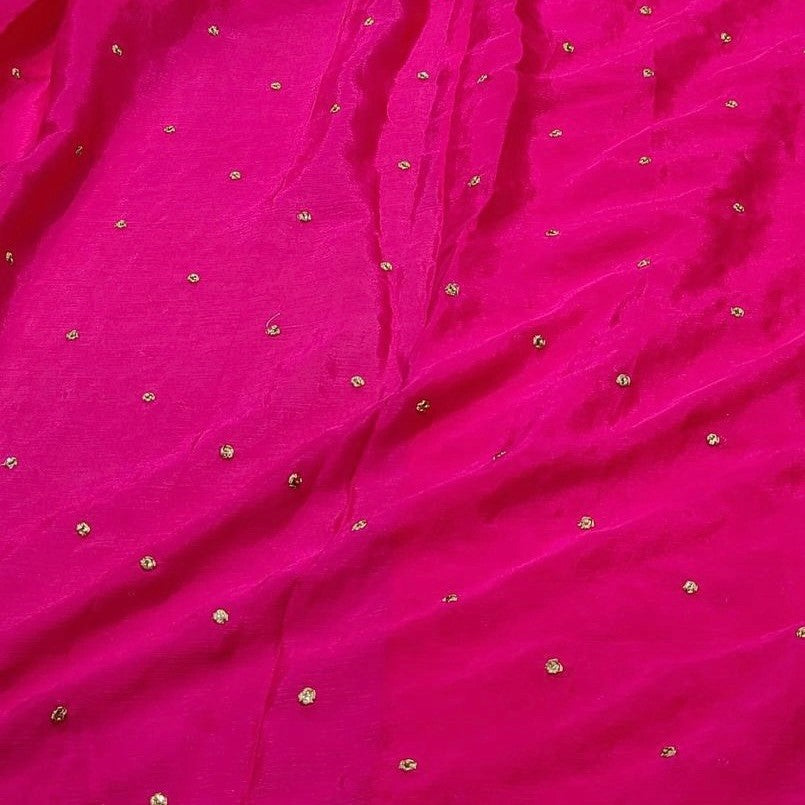 Hot Pink Polka Butti Embroidered Viscose Chinon Chiffon Fabric