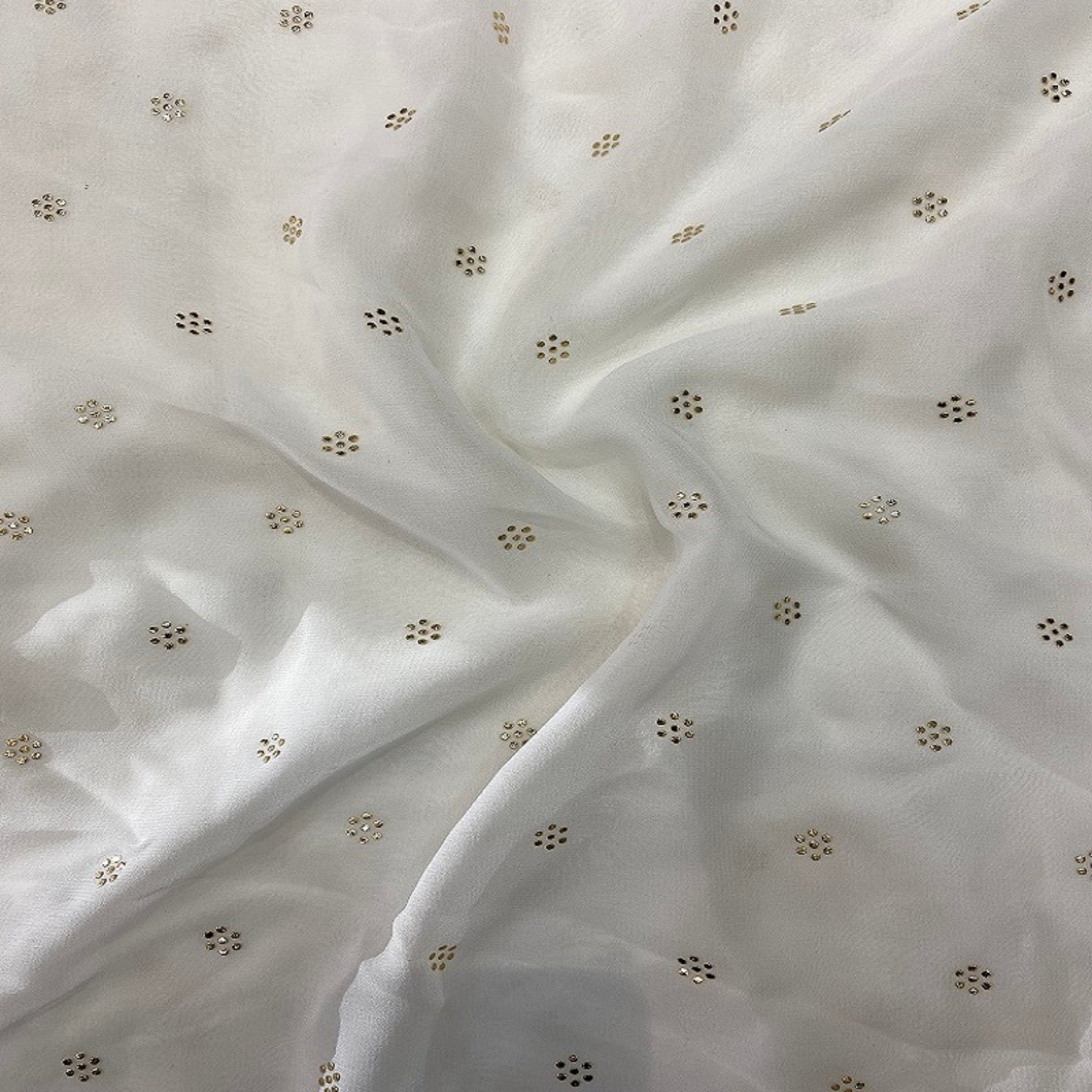 White Semi Mukaish Work Flower Butti Dyeable Pure Georgette Fabric