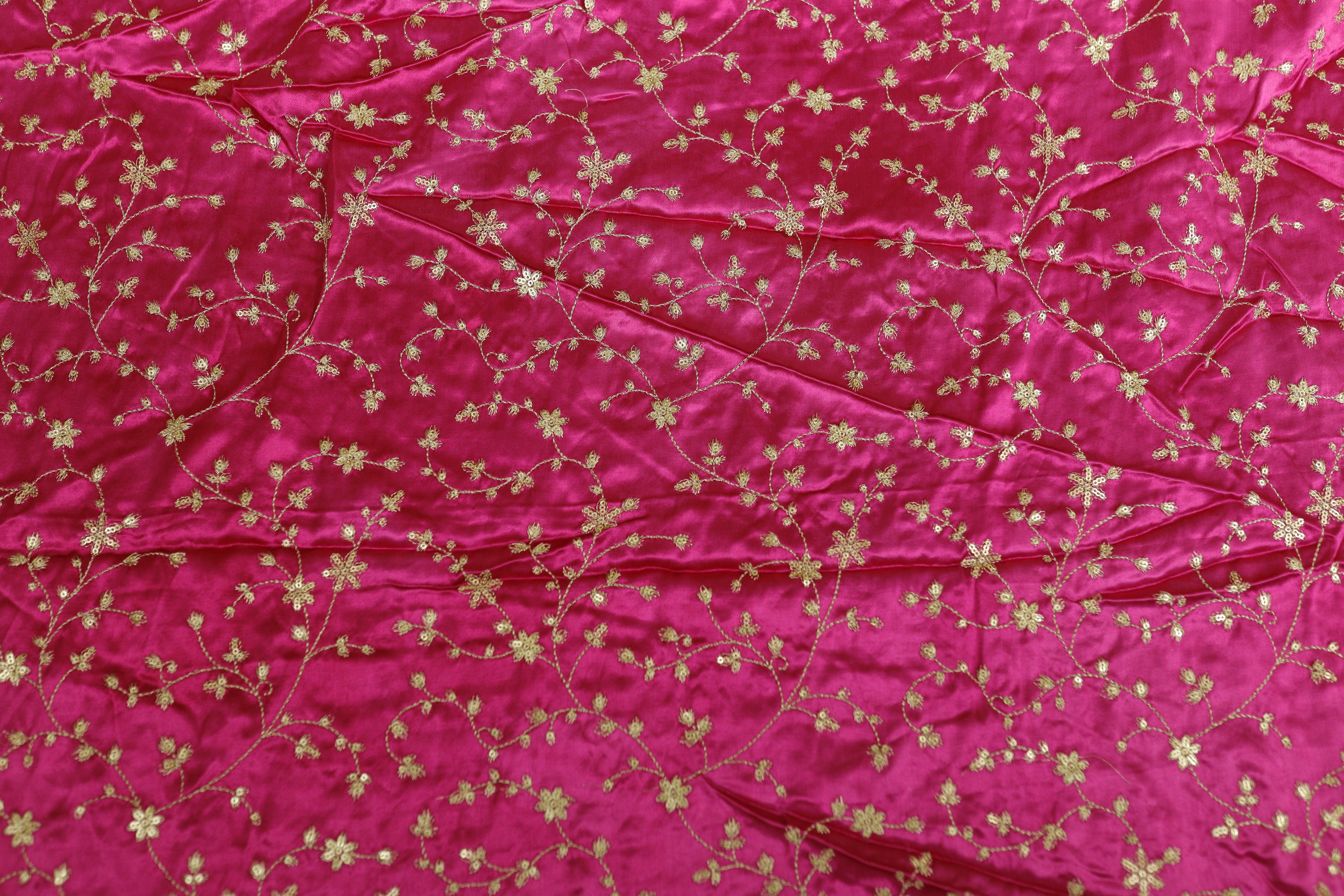 Hot Pink Floral Embroidered Viscose Gaji Silk Fabric