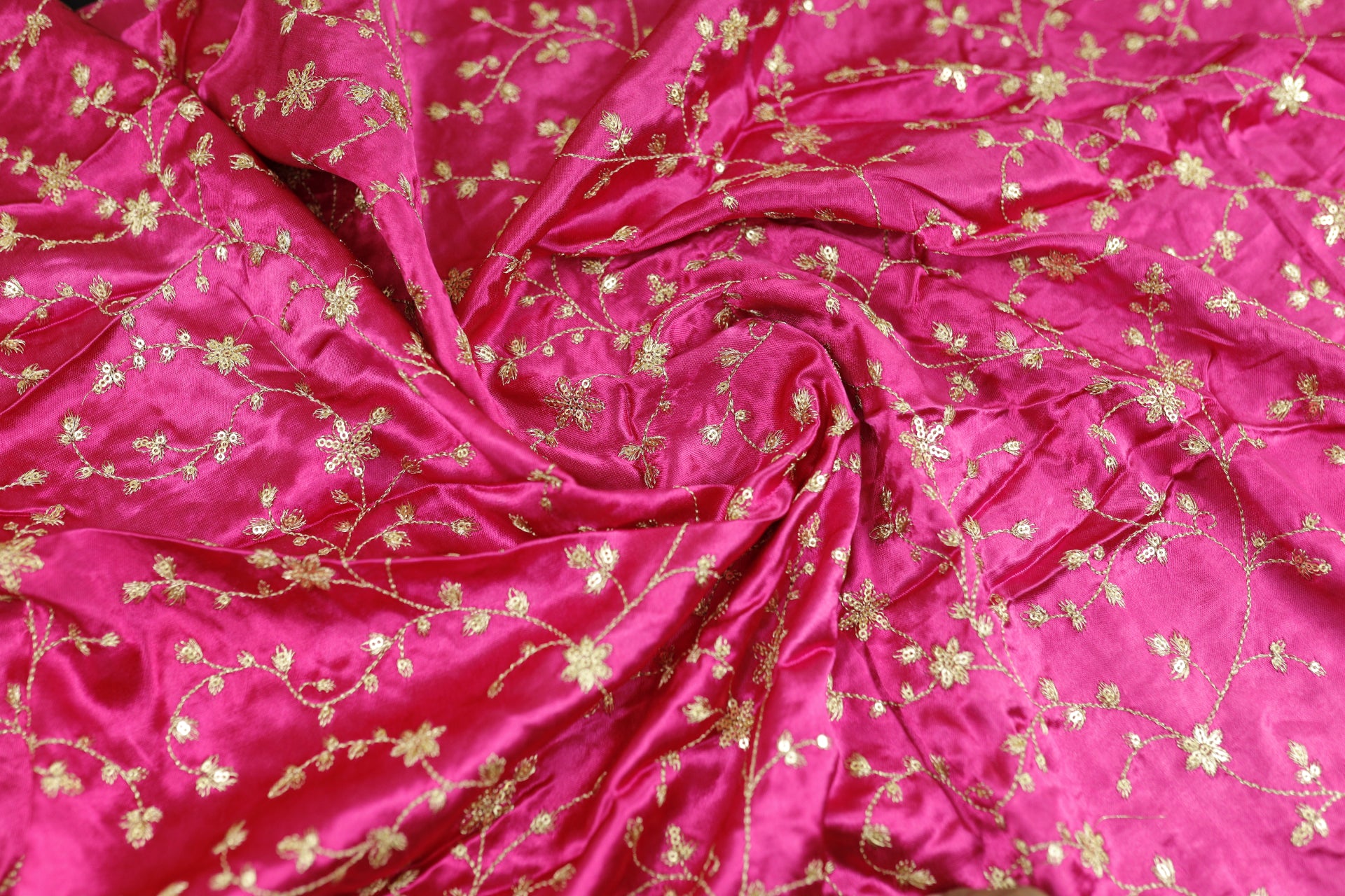 Hot Pink Floral Embroidered Viscose Gaji Silk Fabric
