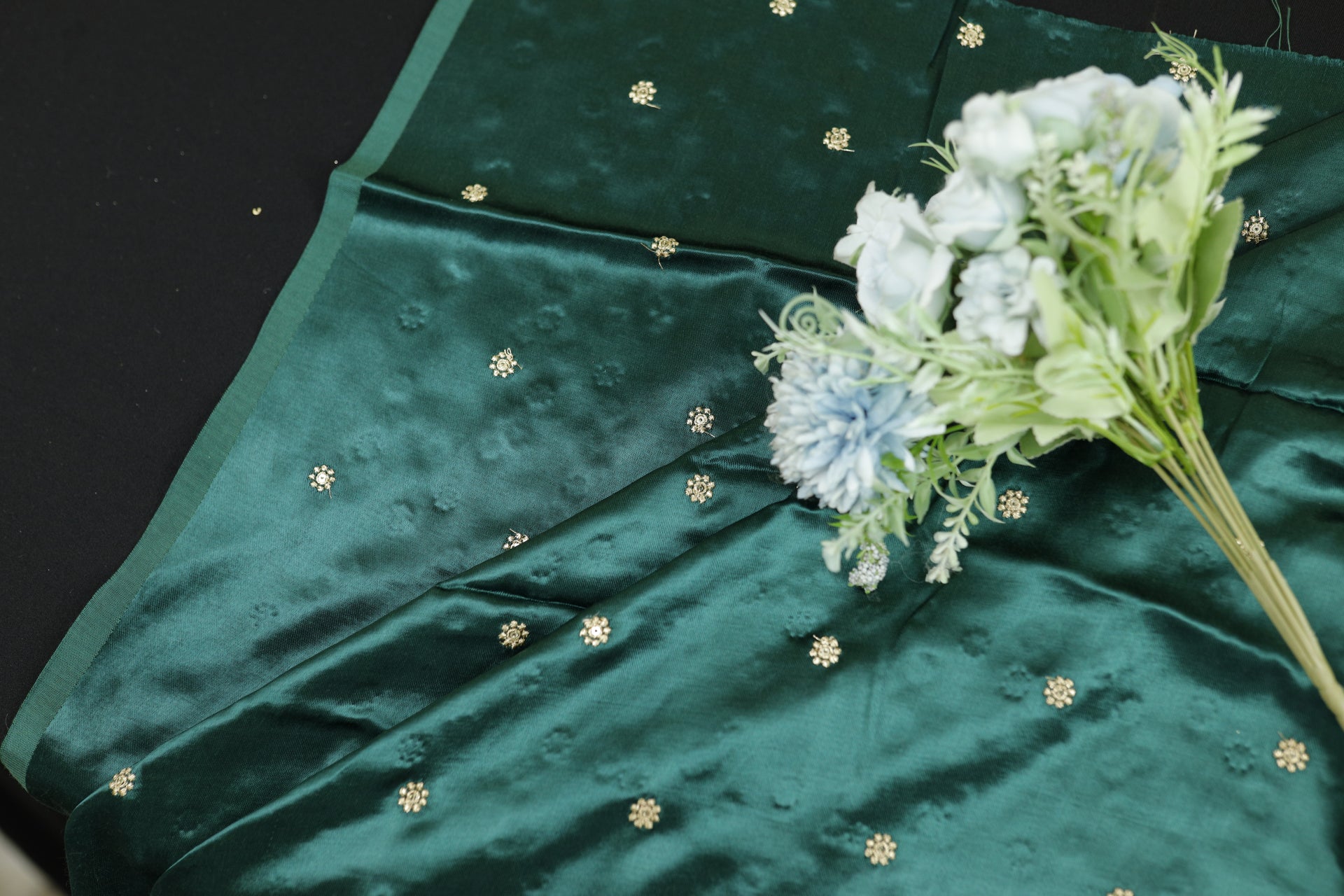 Bottle Green Butti Embroidered Viscose Gaji Silk Fabric