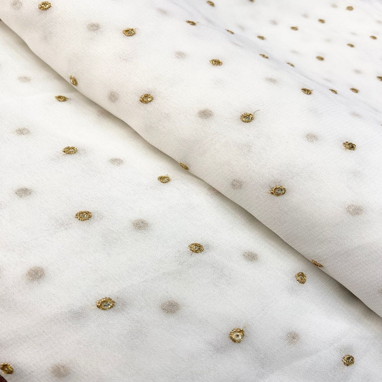 White Polka Butti Embroidered Dyeable Viscose Georgette Fabric