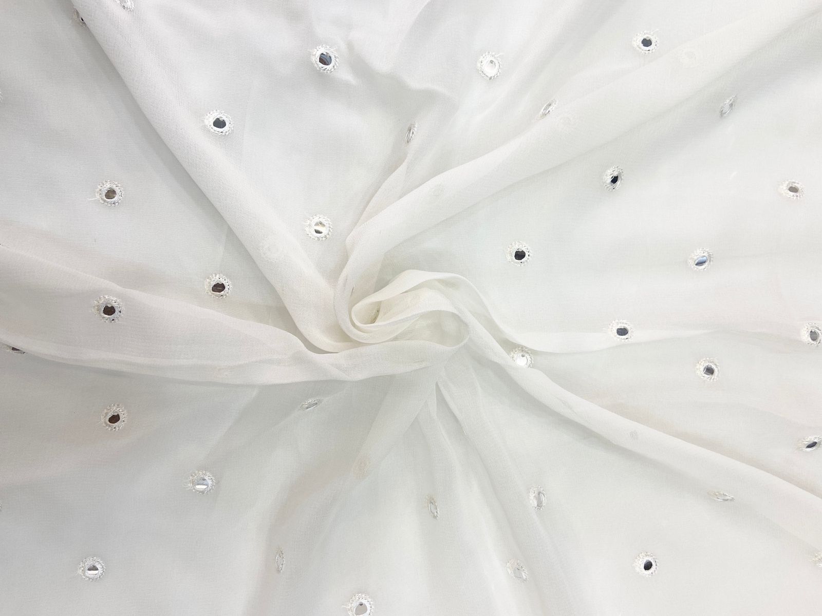 White Dyeable Mirror Work Embroidered Viscose Georgette Fabric