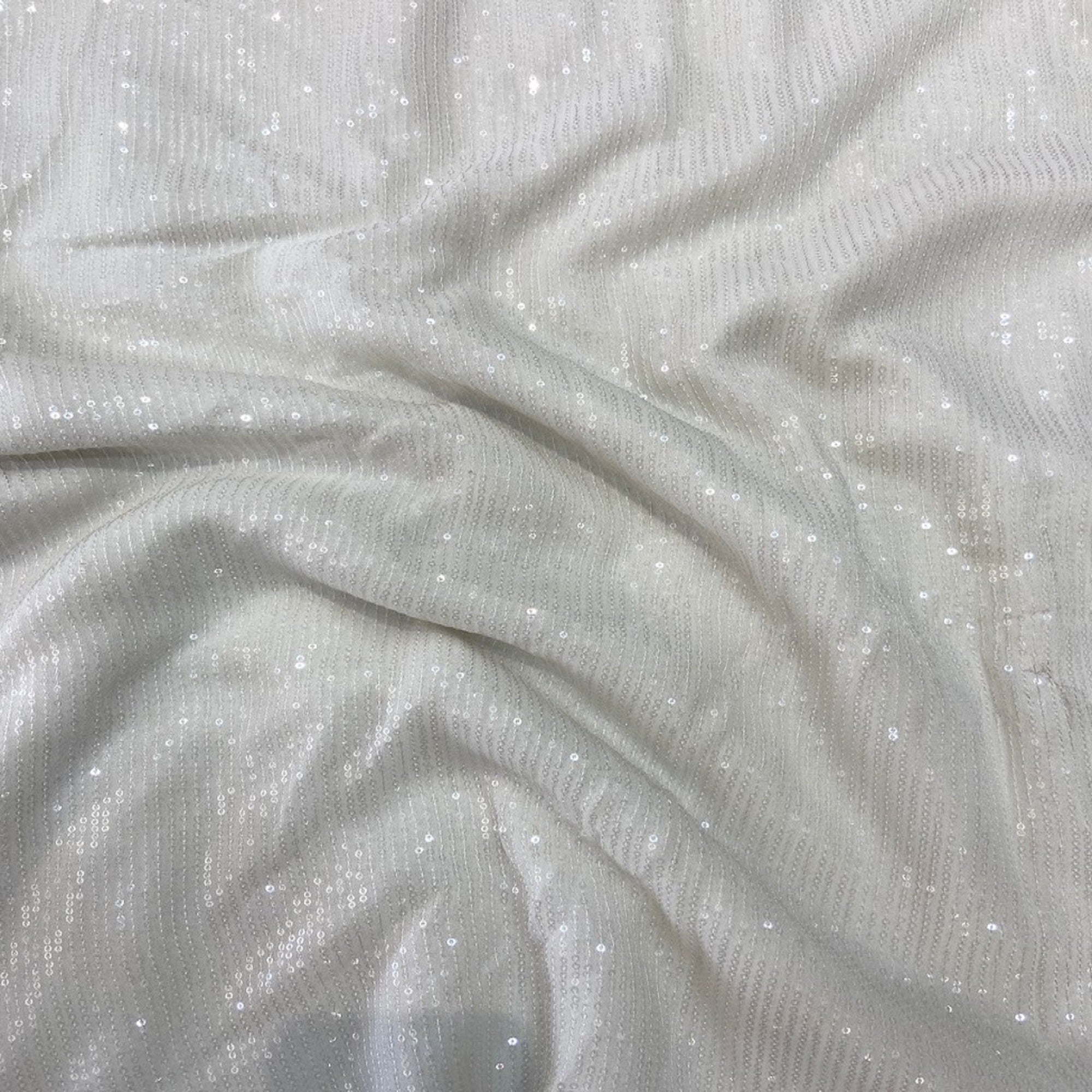 White Water Sequins Stripes Embroidered Dyeable Viscose Georgette Fabric