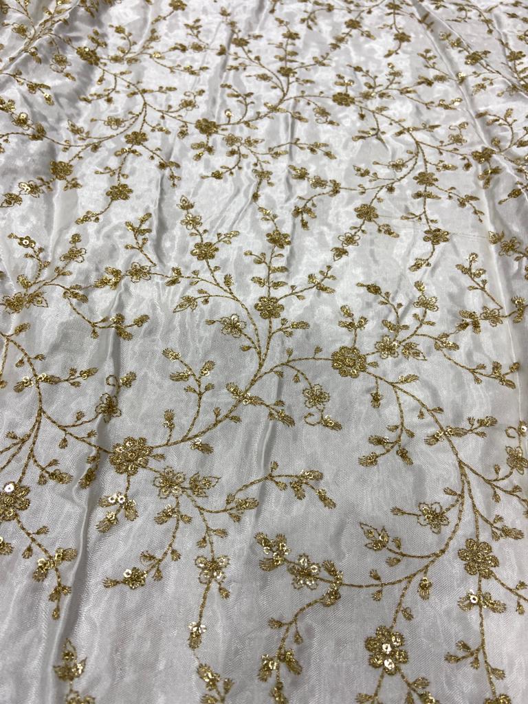 White Dyeable Floral Embroidered Viscose Gaji Silk Fabric