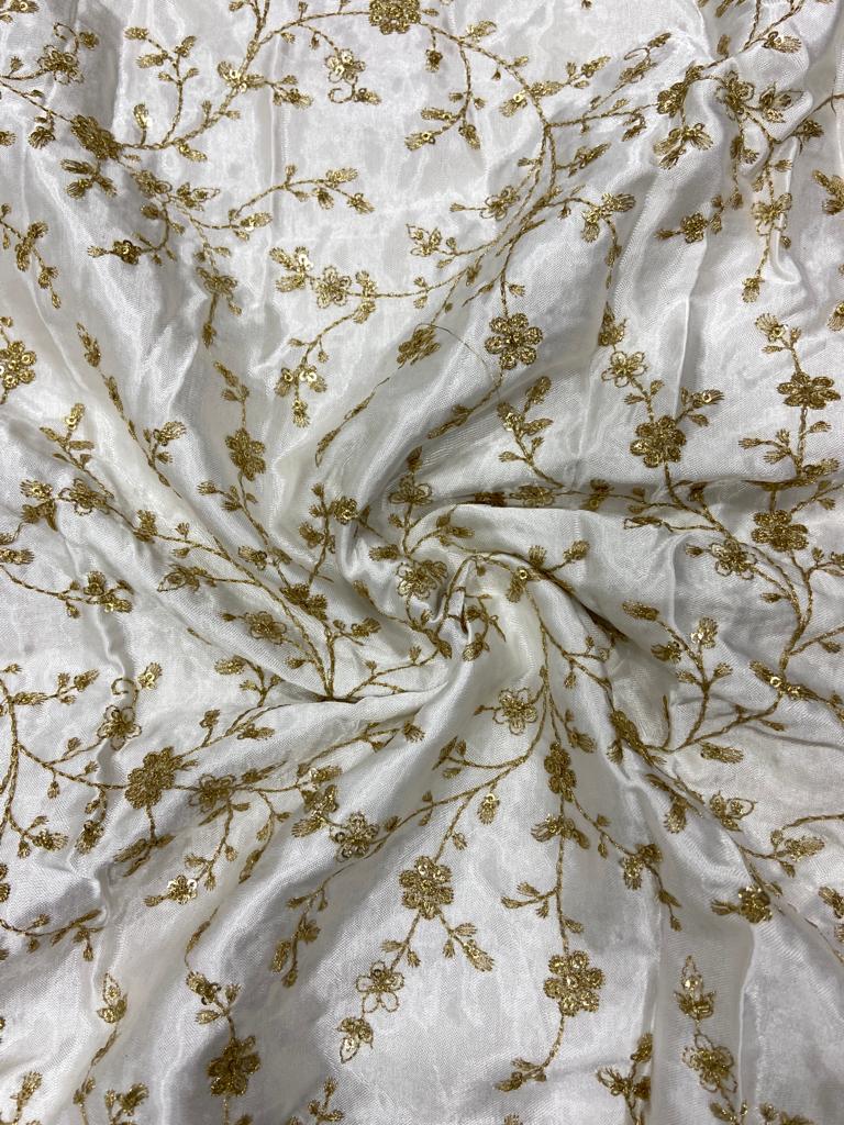 White Dyeable Floral Embroidered Viscose Gaji Silk Fabric