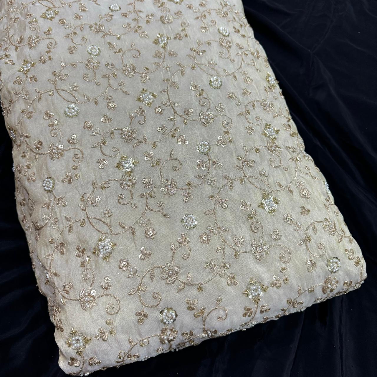 White & Golden Beads Floral Handwork Dyeable Embroidered Viscose Tissue Silk Fabric