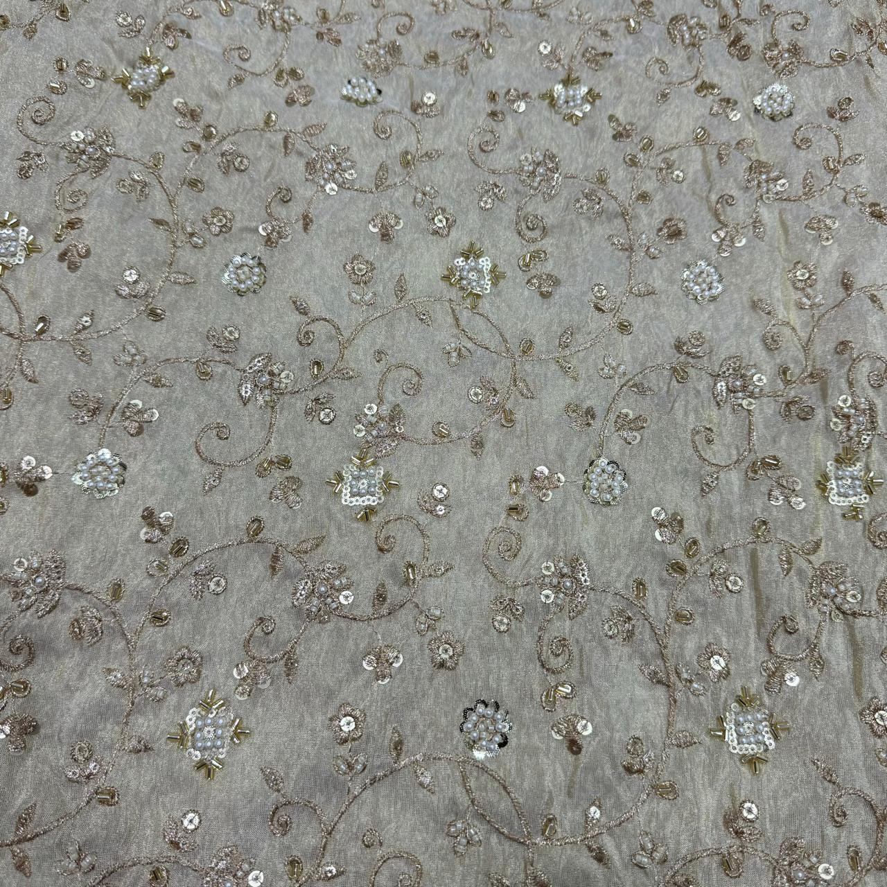 White & Golden Beads Floral Handwork Dyeable Embroidered Viscose Tissue Silk Fabric