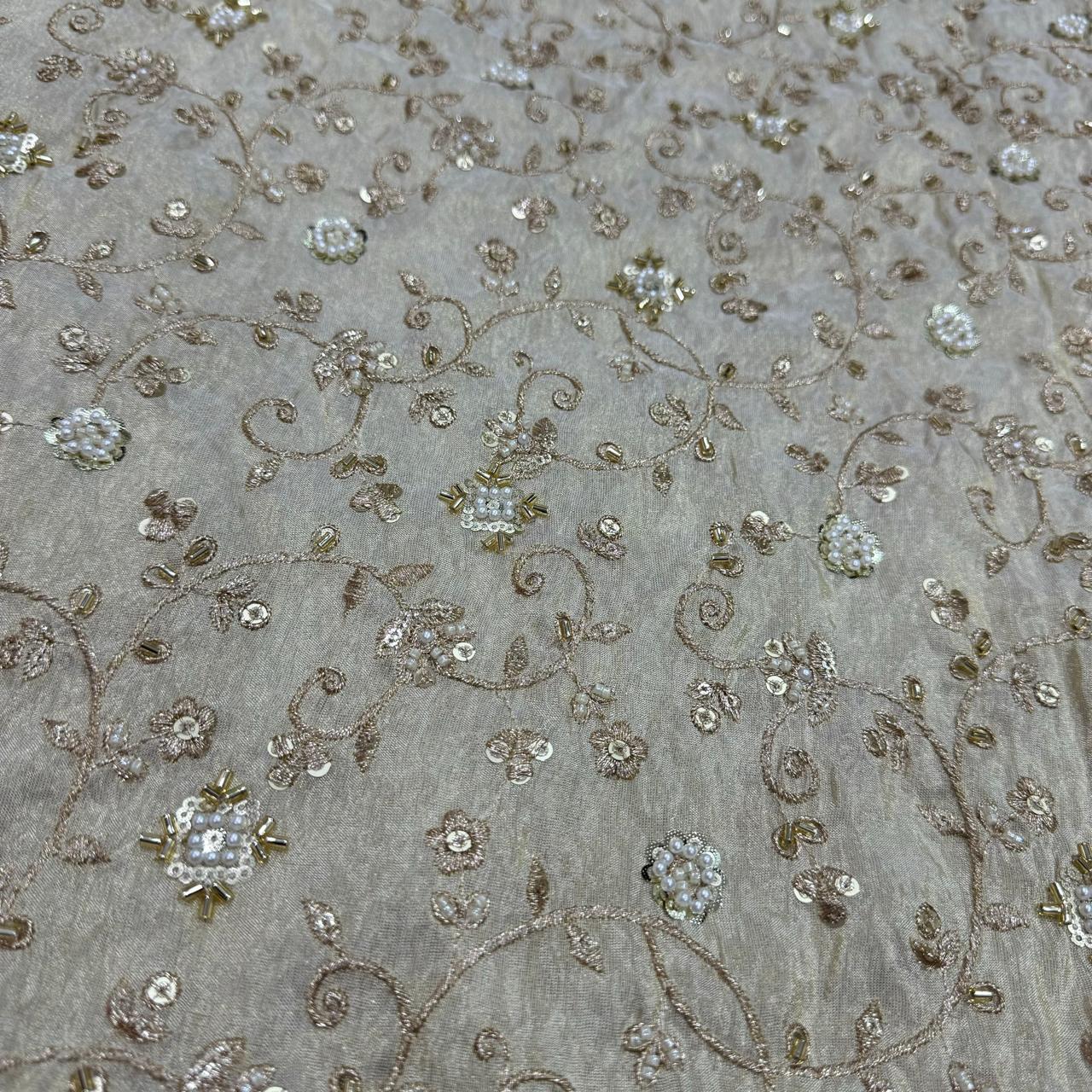 White & Golden Beads Floral Handwork Dyeable Embroidered Viscose Tissue Silk Fabric