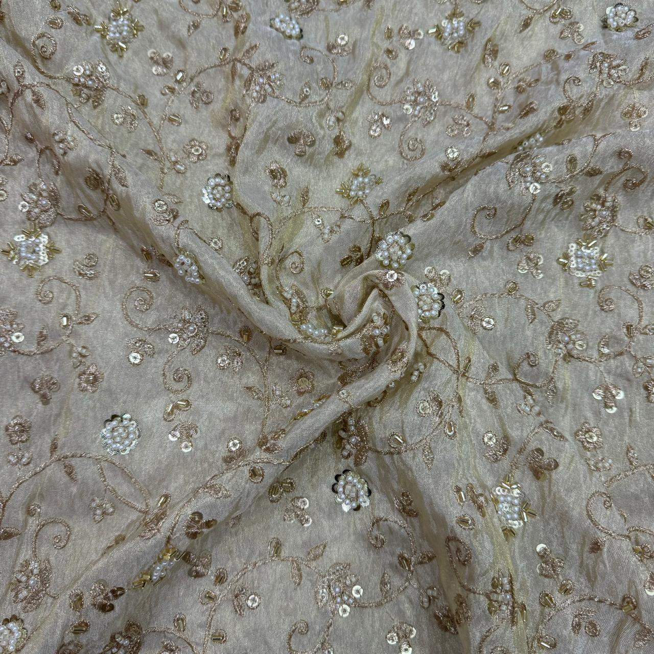 White & Golden Beads Floral Handwork Dyeable Embroidered Viscose Tissue Silk Fabric