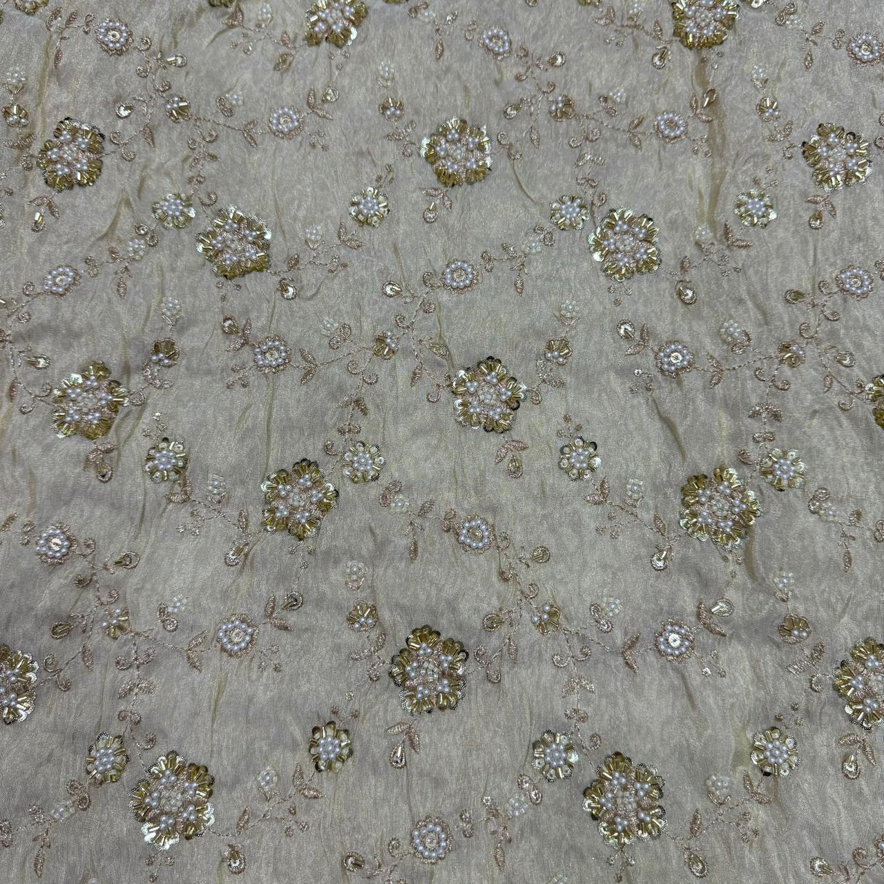 White & Golden Beads Floral Handwork Dyeable Embroidered Viscose Tissue Silk Fabric
