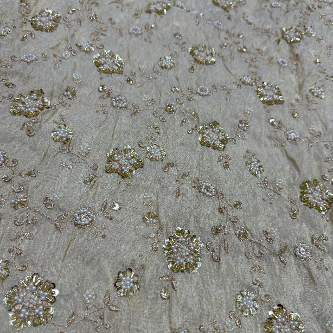 White & Golden Beads Floral Handwork Dyeable Embroidered Viscose Tissue Silk Fabric