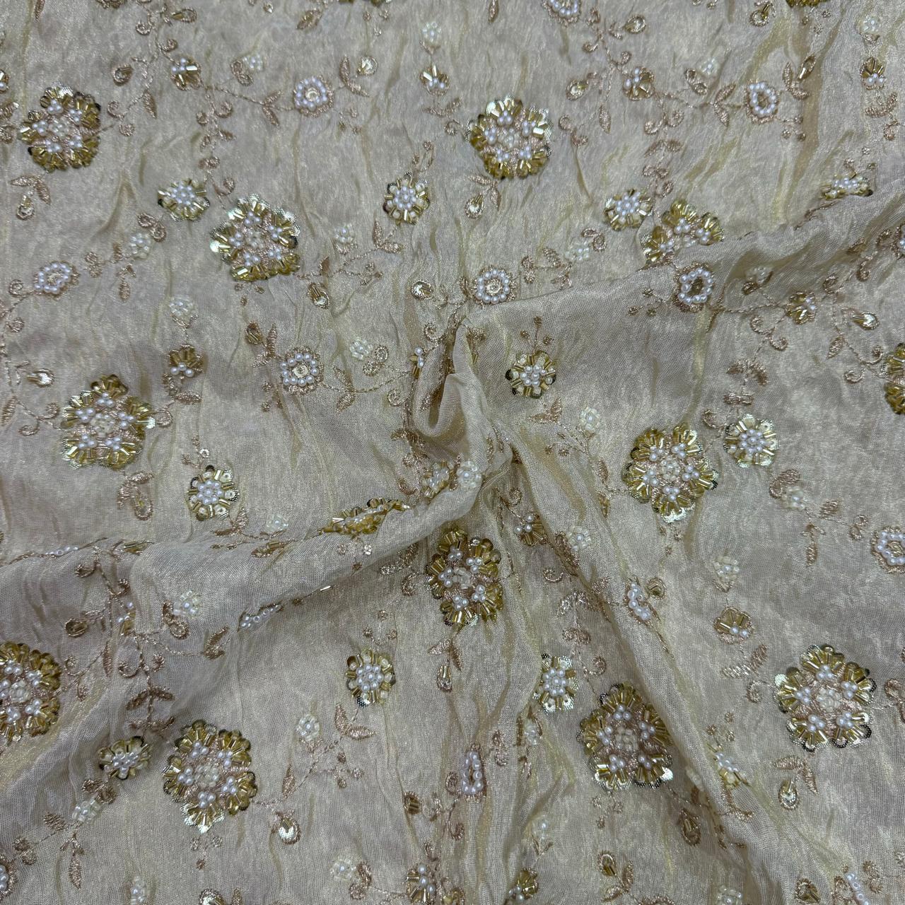 White & Golden Beads Floral Handwork Dyeable Embroidered Viscose Tissue Silk Fabric