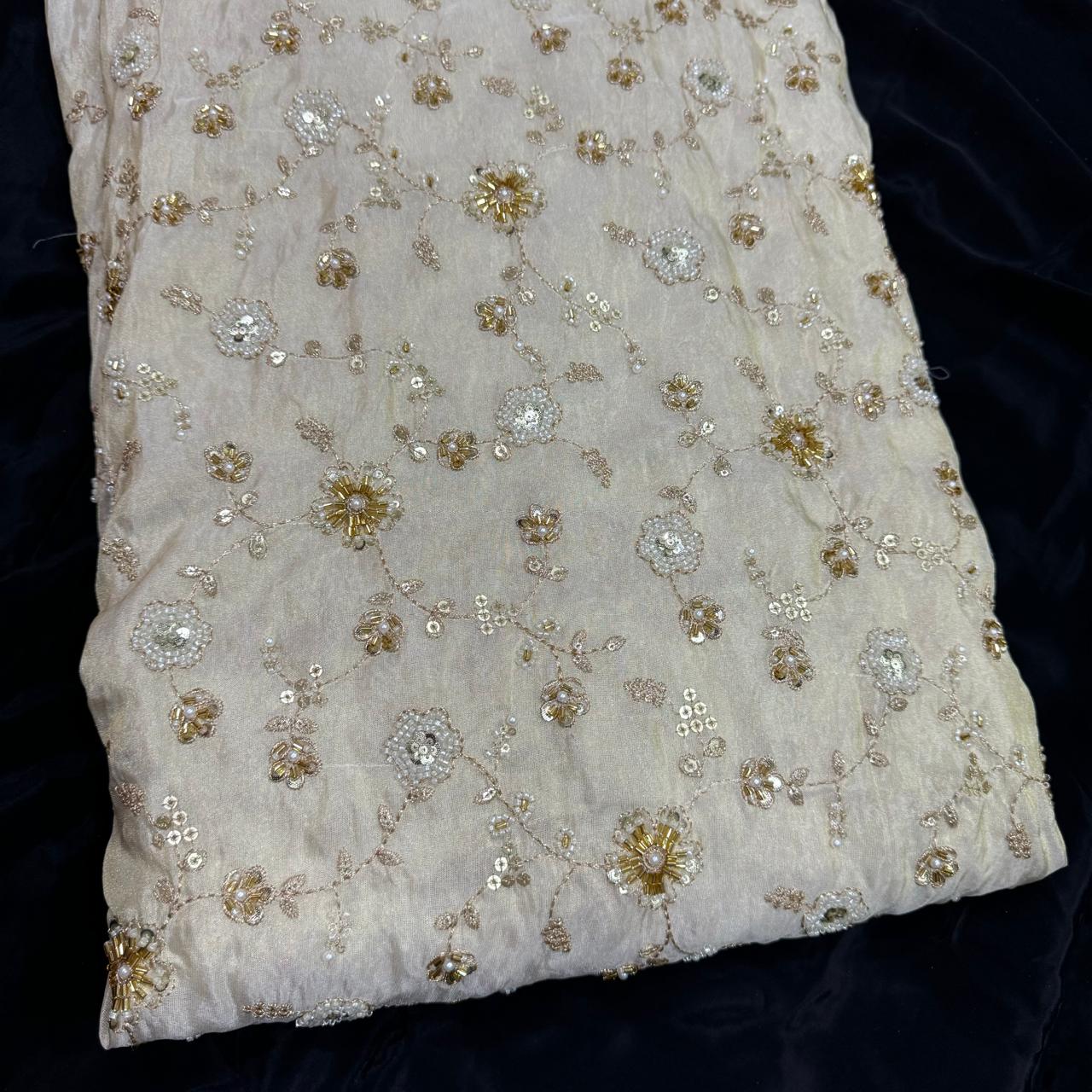 White & Golden Beads Floral Handwork Dyeable Embroidered Viscose Tissue Silk Fabric