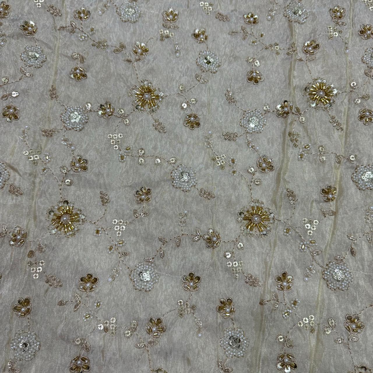White & Golden Beads Floral Handwork Dyeable Embroidered Viscose Tissue Silk Fabric