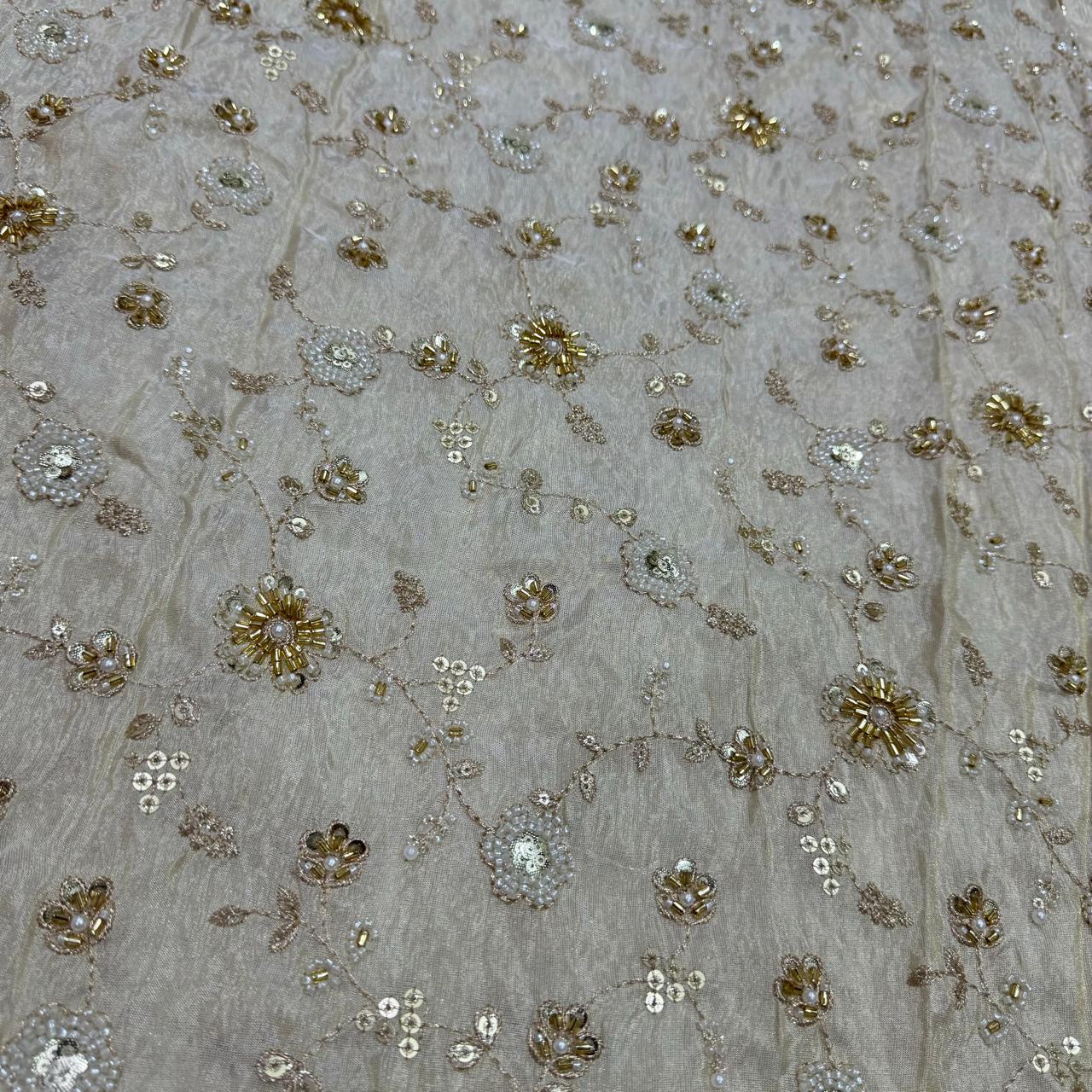 White & Golden Beads Floral Handwork Dyeable Embroidered Viscose Tissue Silk Fabric