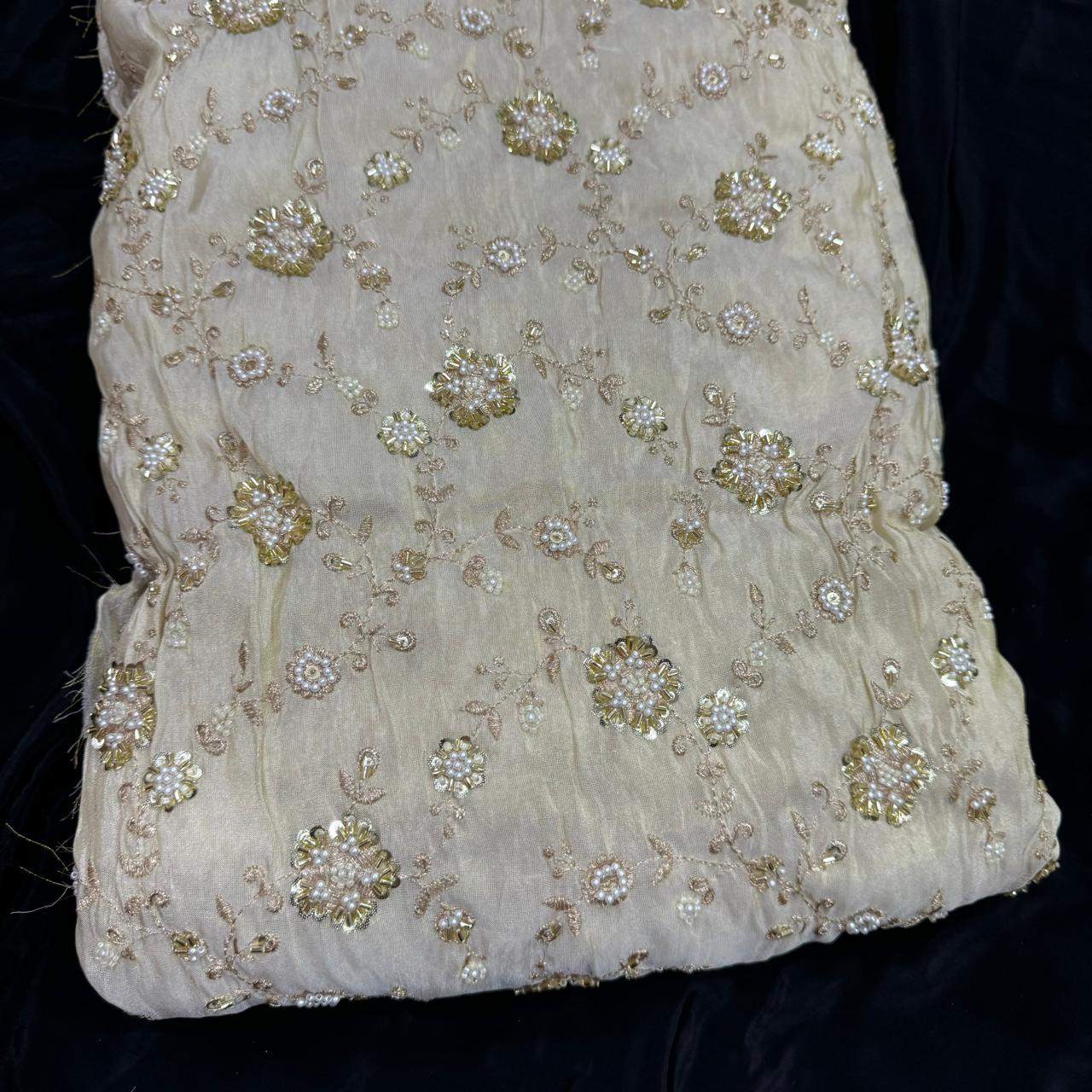 White & Golden Beads Floral Handwork Dyeable Embroidered Viscose Tissue Silk Fabric