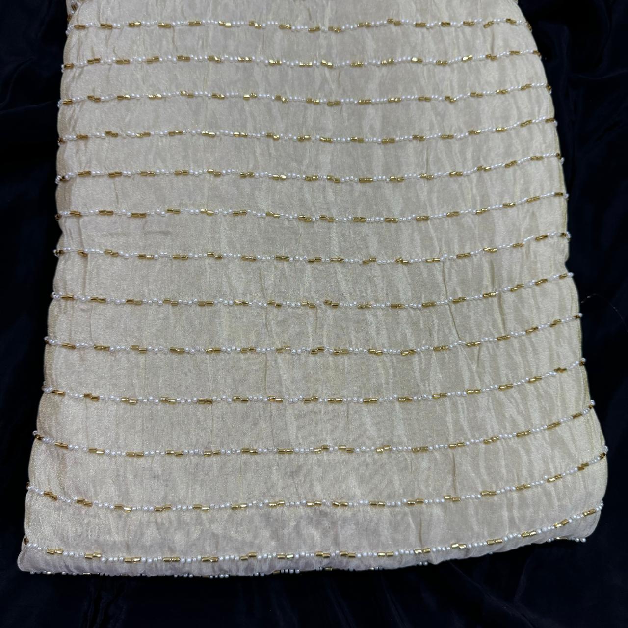 White & Golden Stripes Beads Handwork Dyeable Embroidered Viscose Tissue Silk Fabric