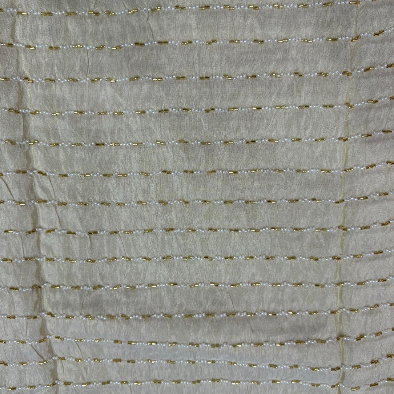 White & Golden Stripes Beads Handwork Dyeable Embroidered Viscose Tissue Silk Fabric