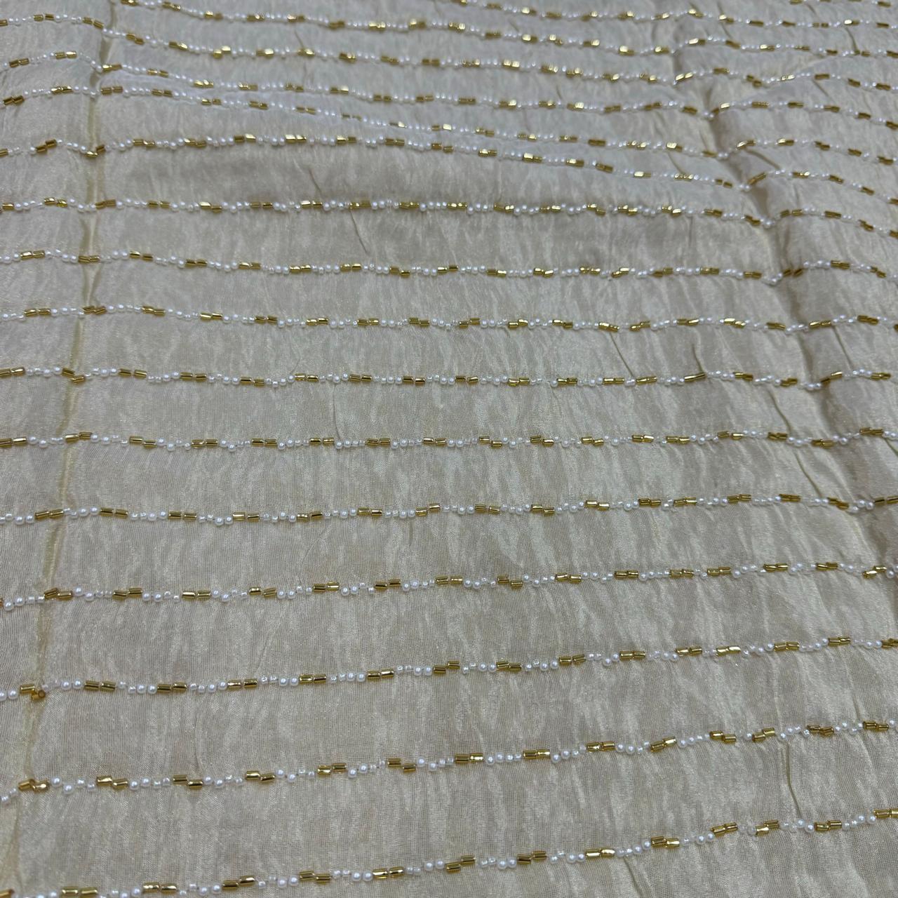 White & Golden Stripes Beads Handwork Dyeable Embroidered Viscose Tissue Silk Fabric