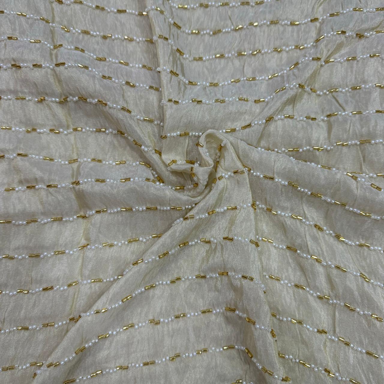 White & Golden Stripes Beads Handwork Dyeable Embroidered Viscose Tissue Silk Fabric