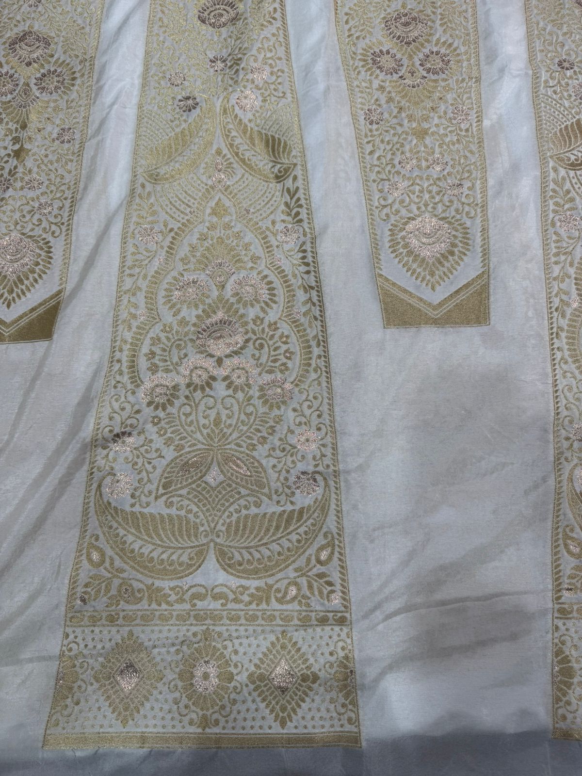 White & Golden Traditional Dyeable Banarasi Kali Nylon Silk Fabric