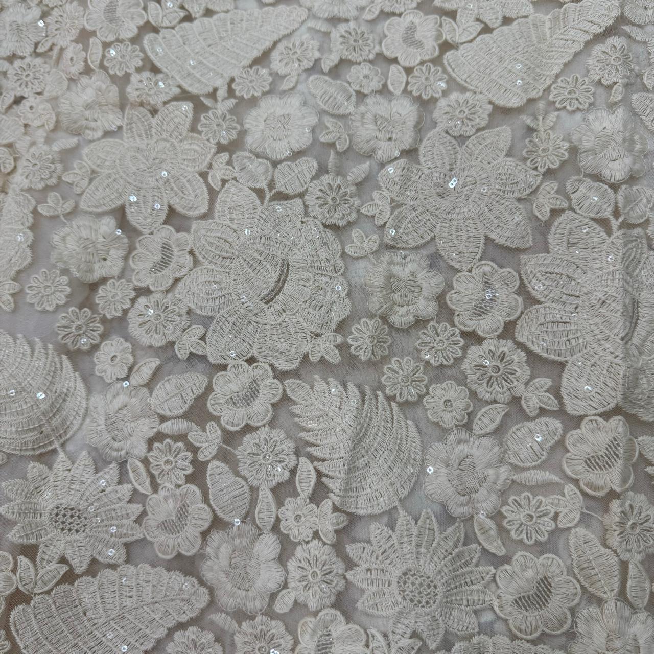 Off White Dyeable Floral Embroidered Net Fabric