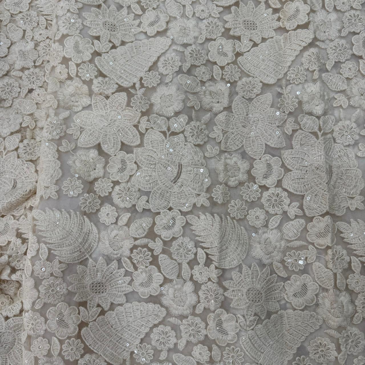 Off White Dyeable Floral Embroidered Net Fabric