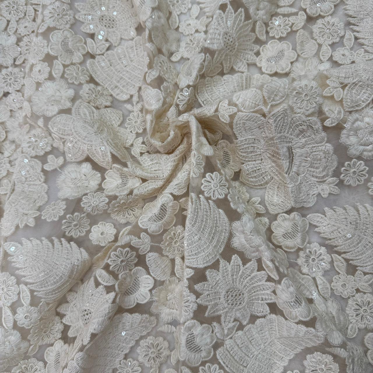 Off White Dyeable Floral Embroidered Net Fabric