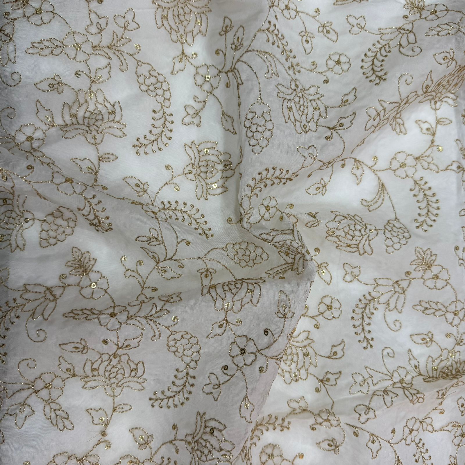 White Dyeable Floral Sequins Embroidered Viscose Organza Fabric