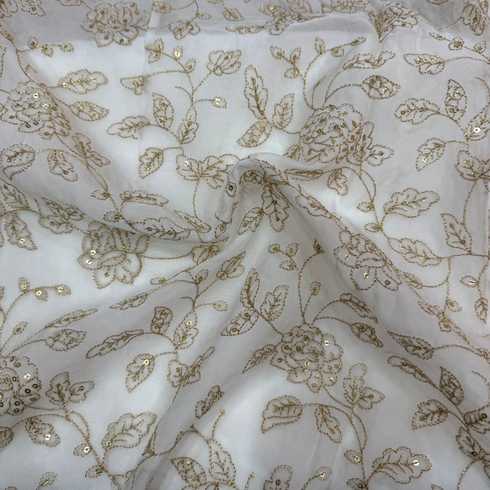 White Dyeable Floral Sequins Embroidered Viscose Organza Fabric