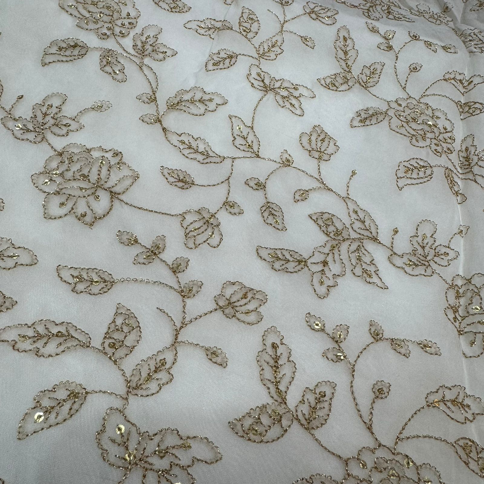 White Dyeable Floral Sequins Embroidered Viscose Organza Fabric