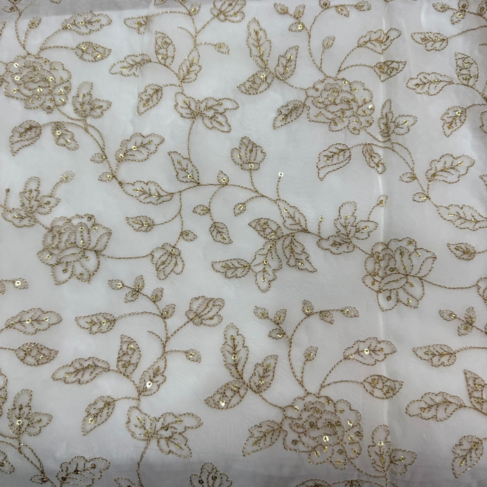 White Dyeable Floral Sequins Embroidered Viscose Organza Fabric