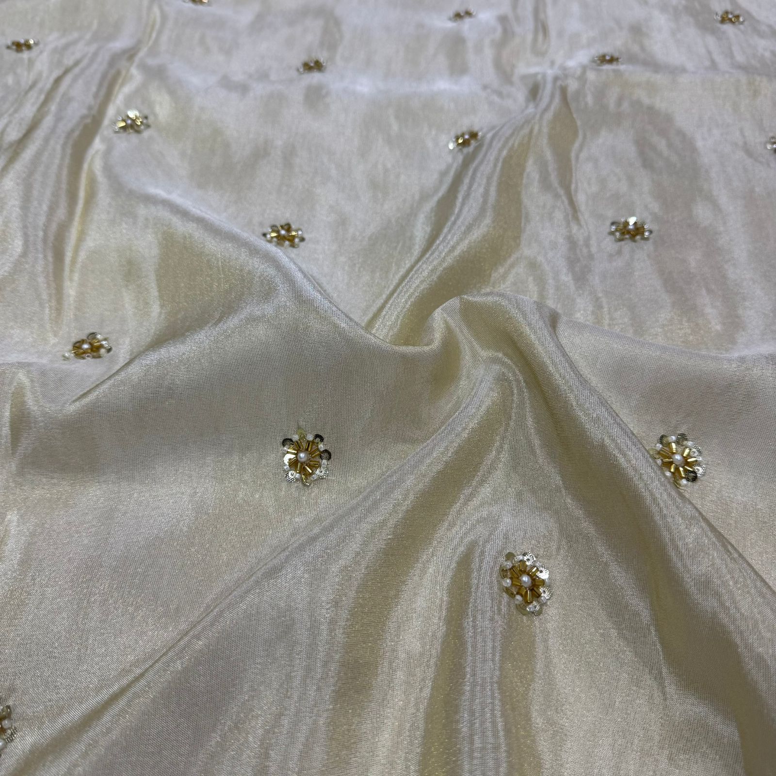 White & Golden Flower Beads Butti Handwork Embroidered Dyeable Viscose Tissue Silk Fabric