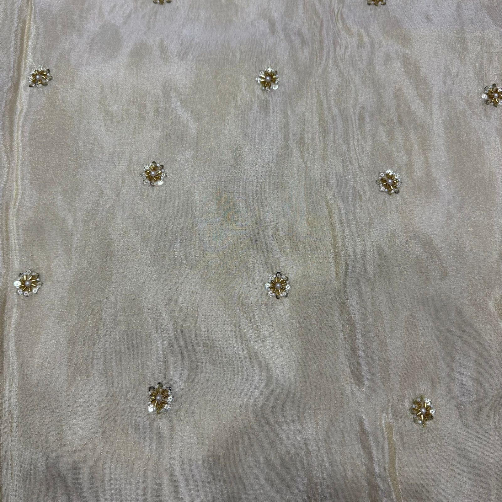 White & Golden Flower Beads Butti Handwork Embroidered Dyeable Viscose Tissue Silk Fabric