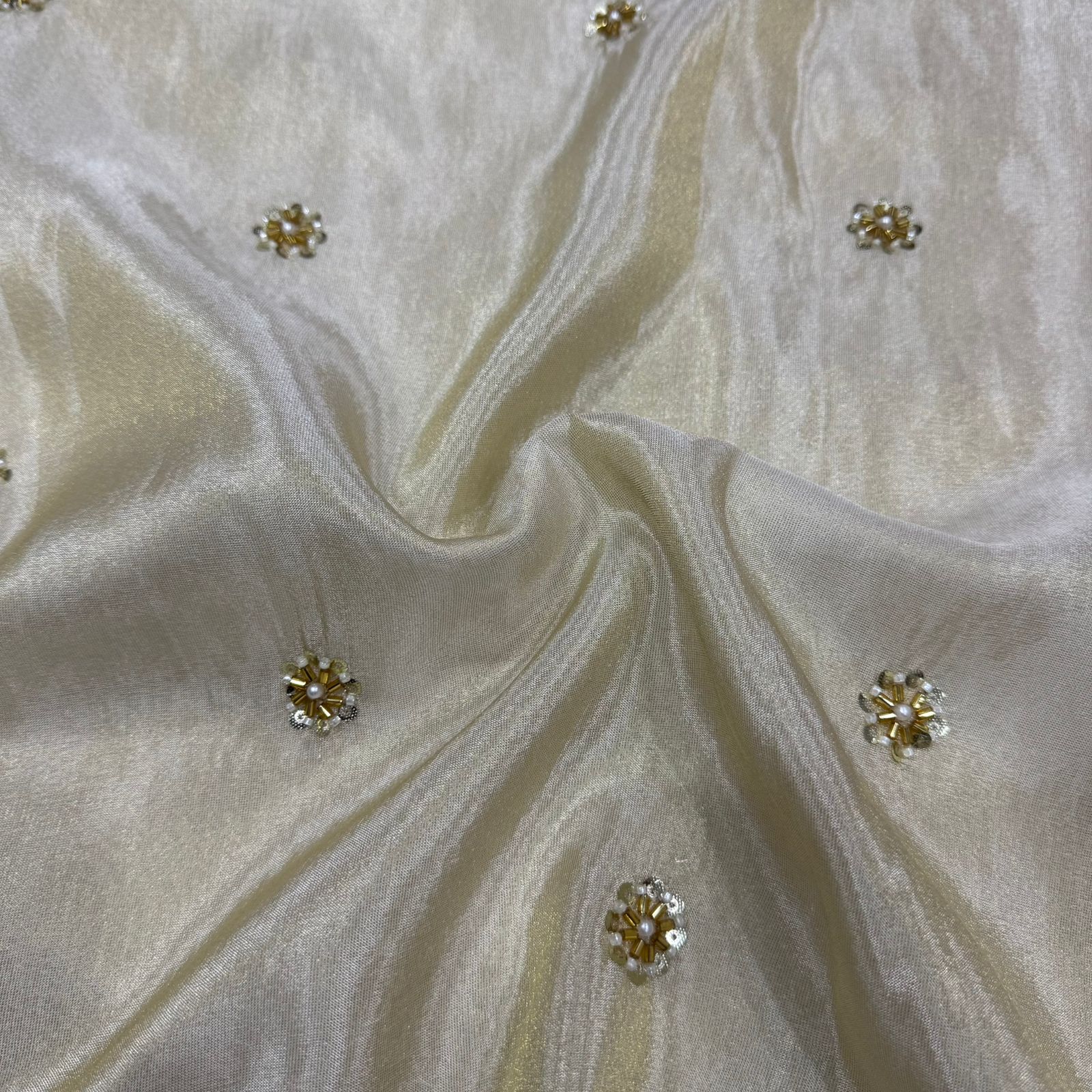 White & Golden Flower Beads Butti Handwork Embroidered Dyeable Viscose Tissue Silk Fabric