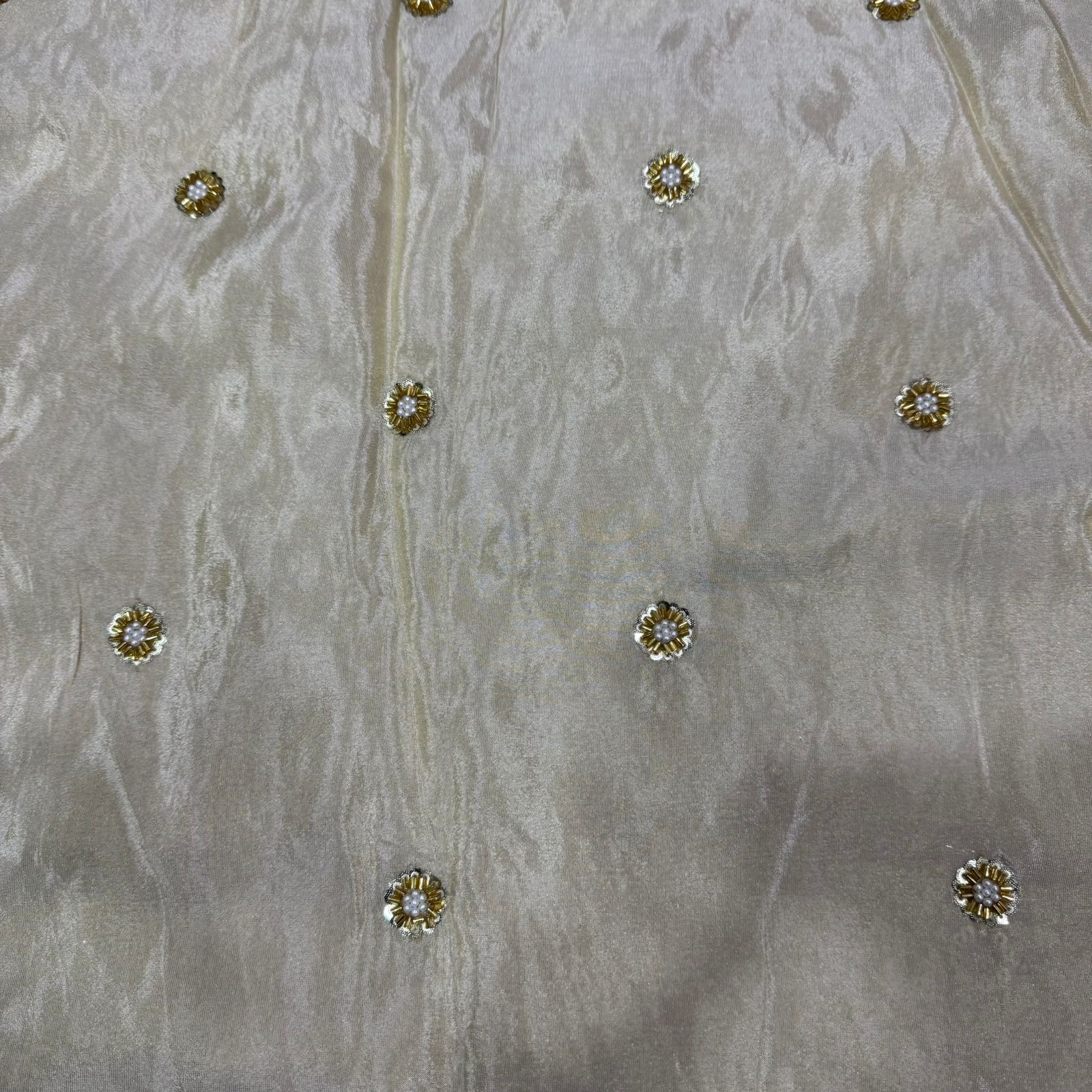 White & Golden Flower Beads Butti Handwork Dyeable Embroidered Viscose Tissue Silk Fabric