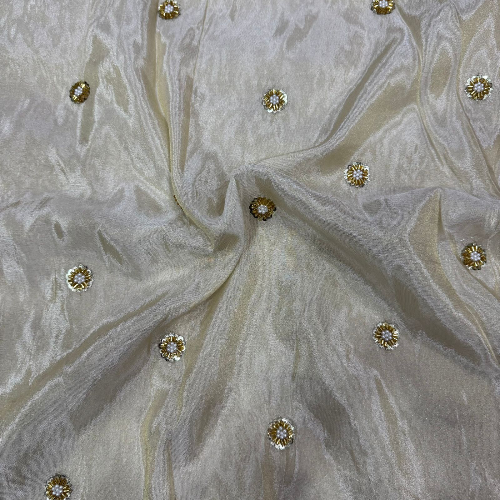 White & Golden Flower Beads Butti Handwork Dyeable Embroidered Viscose Tissue Silk Fabric