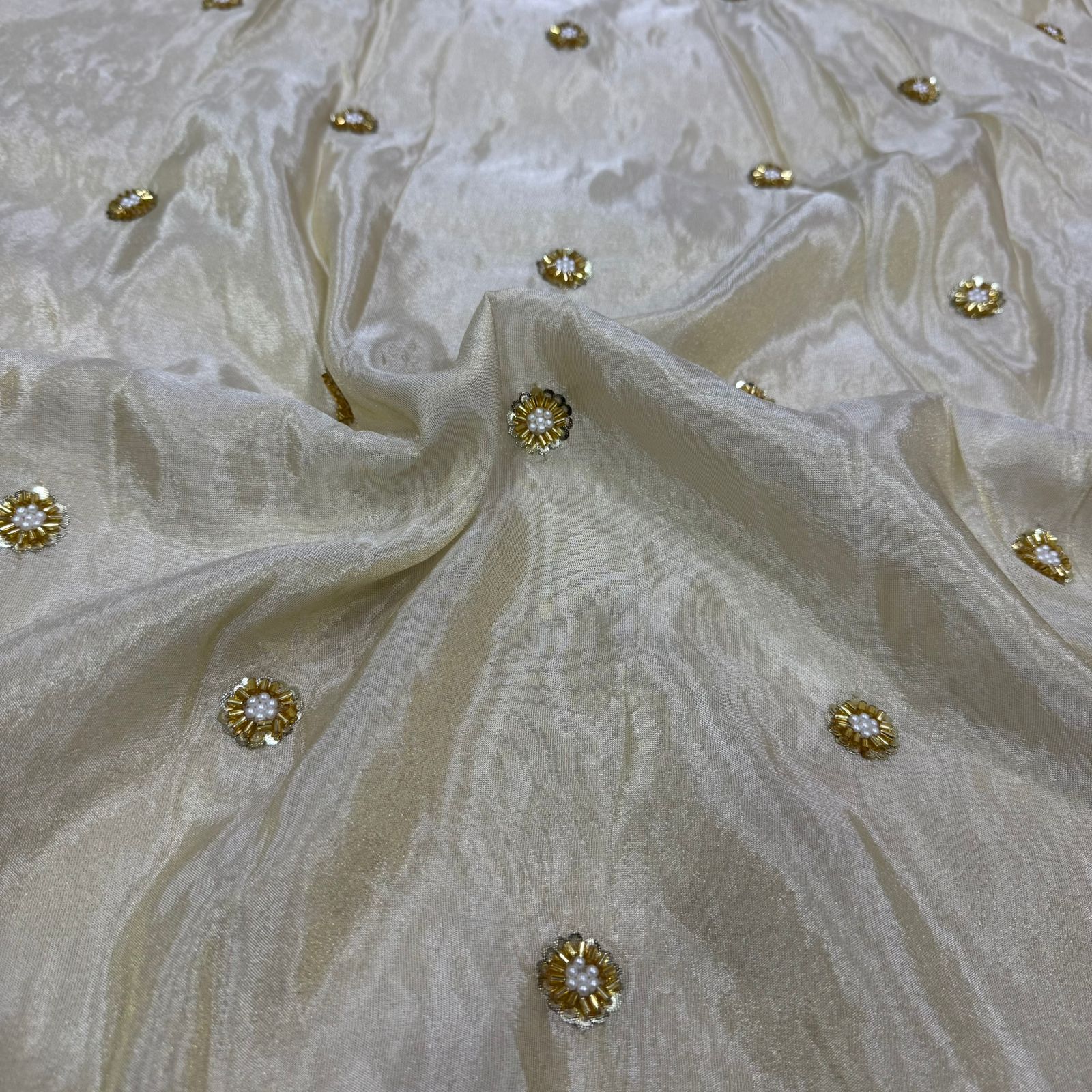White & Golden Flower Beads Butti Handwork Dyeable Embroidered Viscose Tissue Silk Fabric