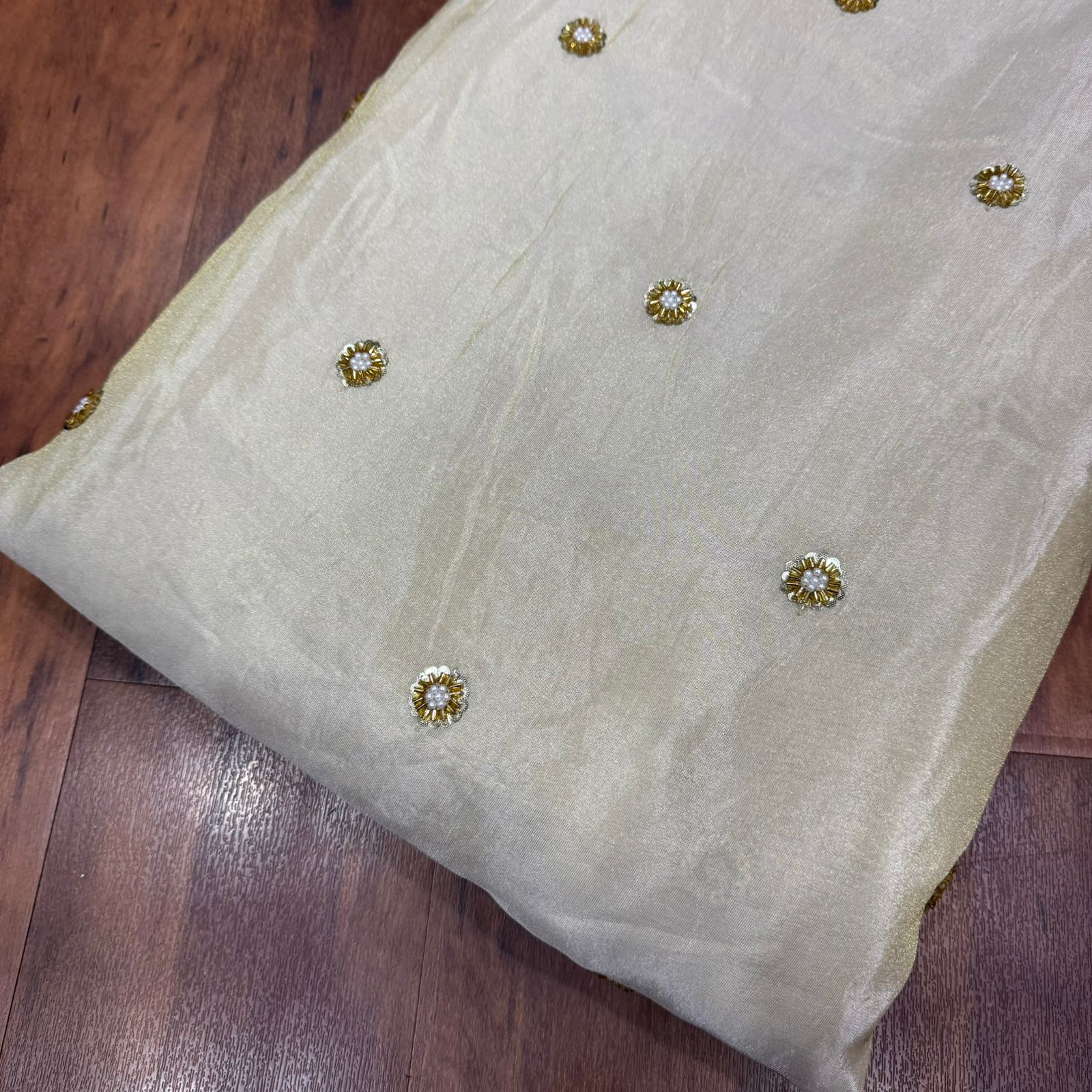 White & Golden Flower Beads Butti Handwork Dyeable Embroidered Viscose Tissue Silk Fabric