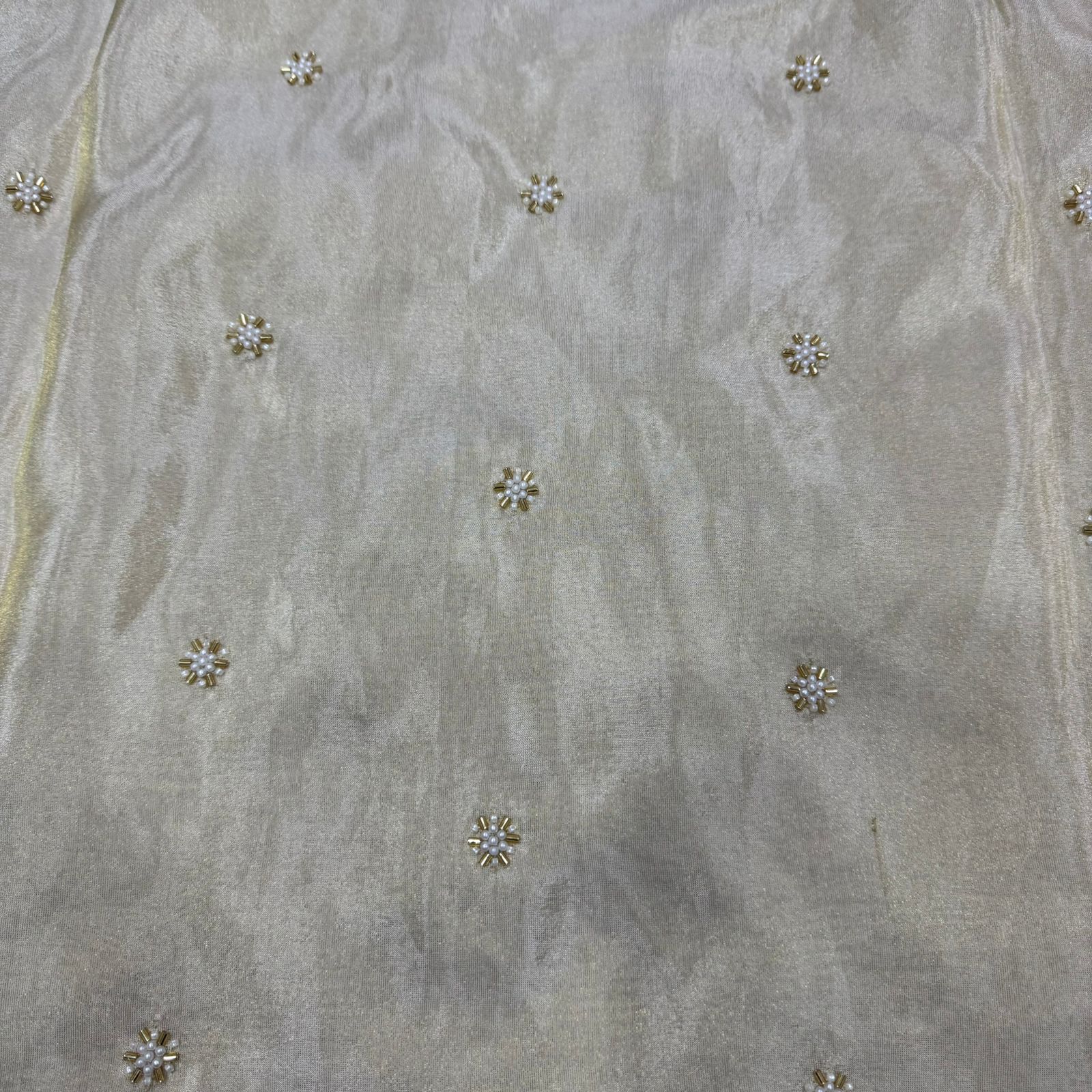 White & Golden Beads Flower Butti Handwork Dyeable Embroidered Viscose Tissue Silk Fabric
