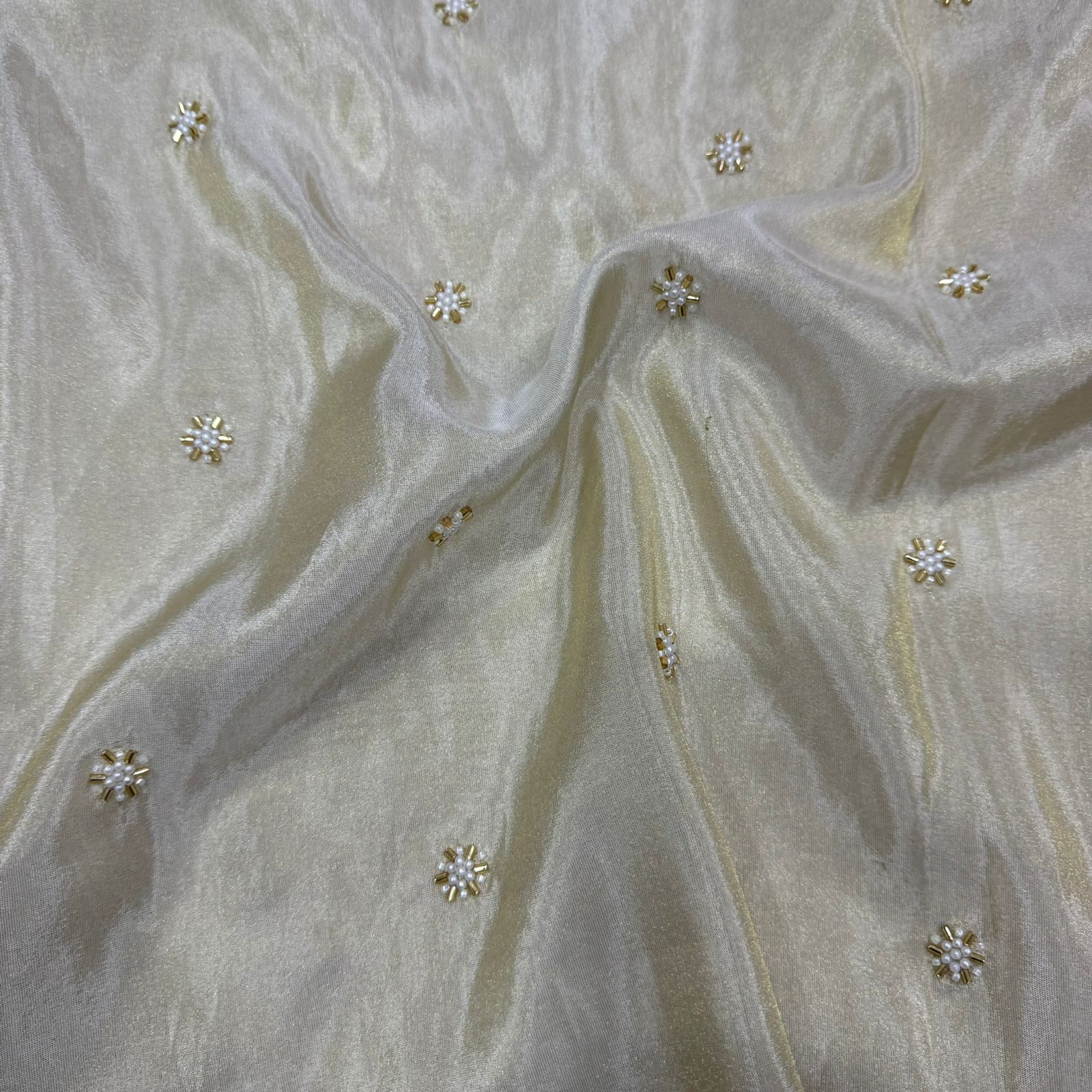 White & Golden Beads Flower Butti Handwork Dyeable Embroidered Viscose Tissue Silk Fabric