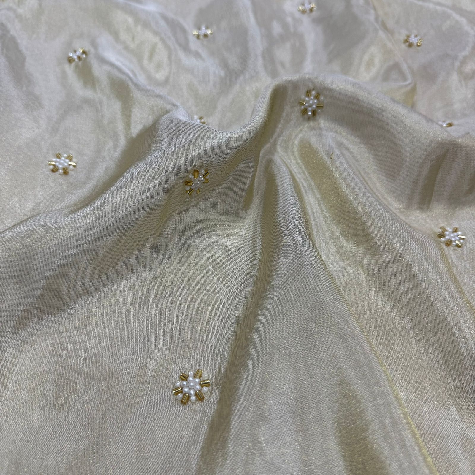 White & Golden Beads Flower Butti Handwork Dyeable Embroidered Viscose Tissue Silk Fabric
