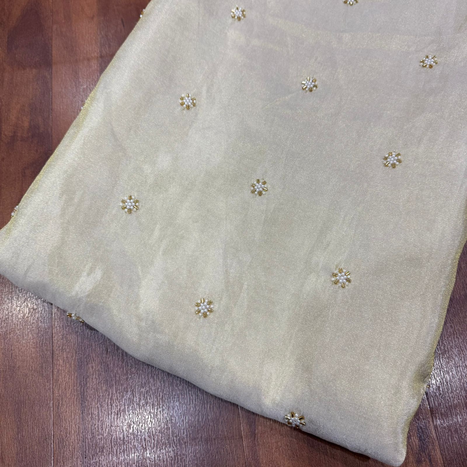 White & Golden Beads Flower Butti Handwork Dyeable Embroidered Viscose Tissue Silk Fabric