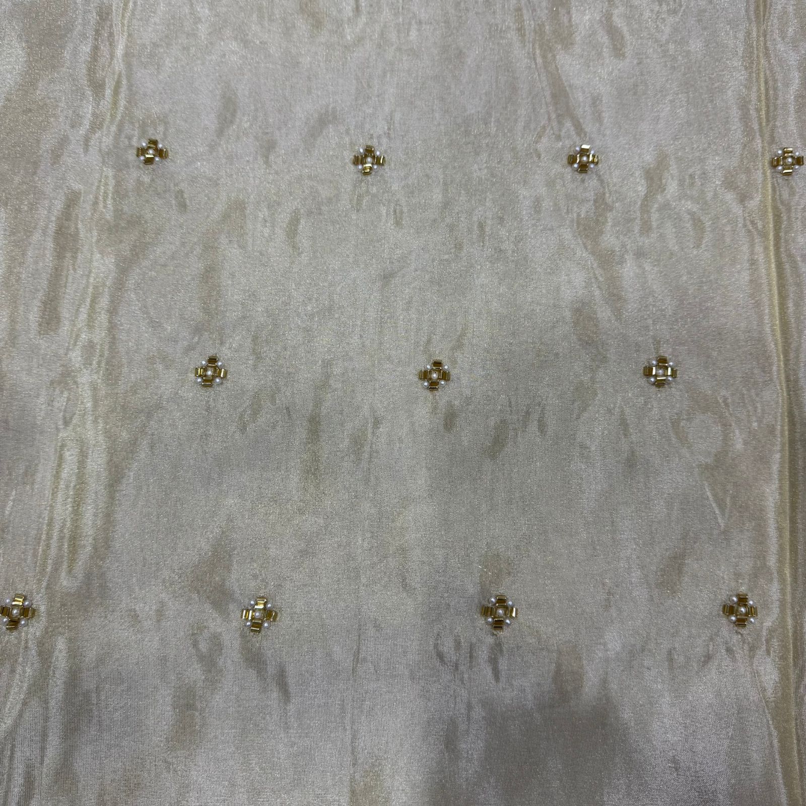 White & Golden Beads Butti Handwork Dyeable Embroidered Viscose Tissue Silk Fabric