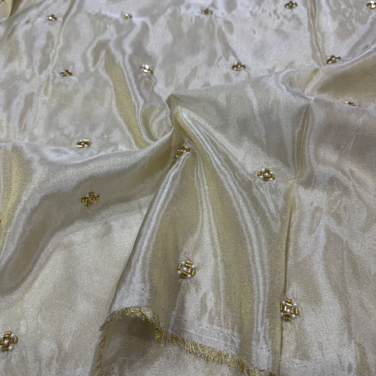 White & Golden Beads Butti Handwork Dyeable Embroidered Viscose Tissue Silk Fabric