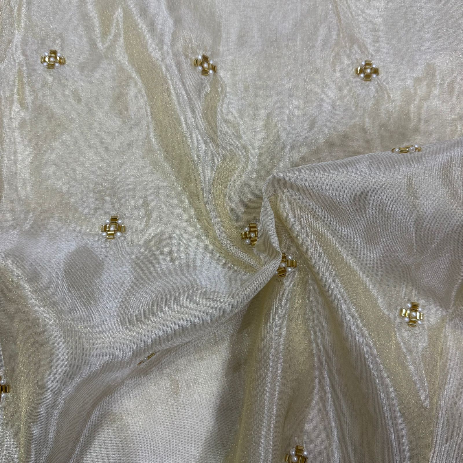 White & Golden Beads Butti Handwork Dyeable Embroidered Viscose Tissue Silk Fabric